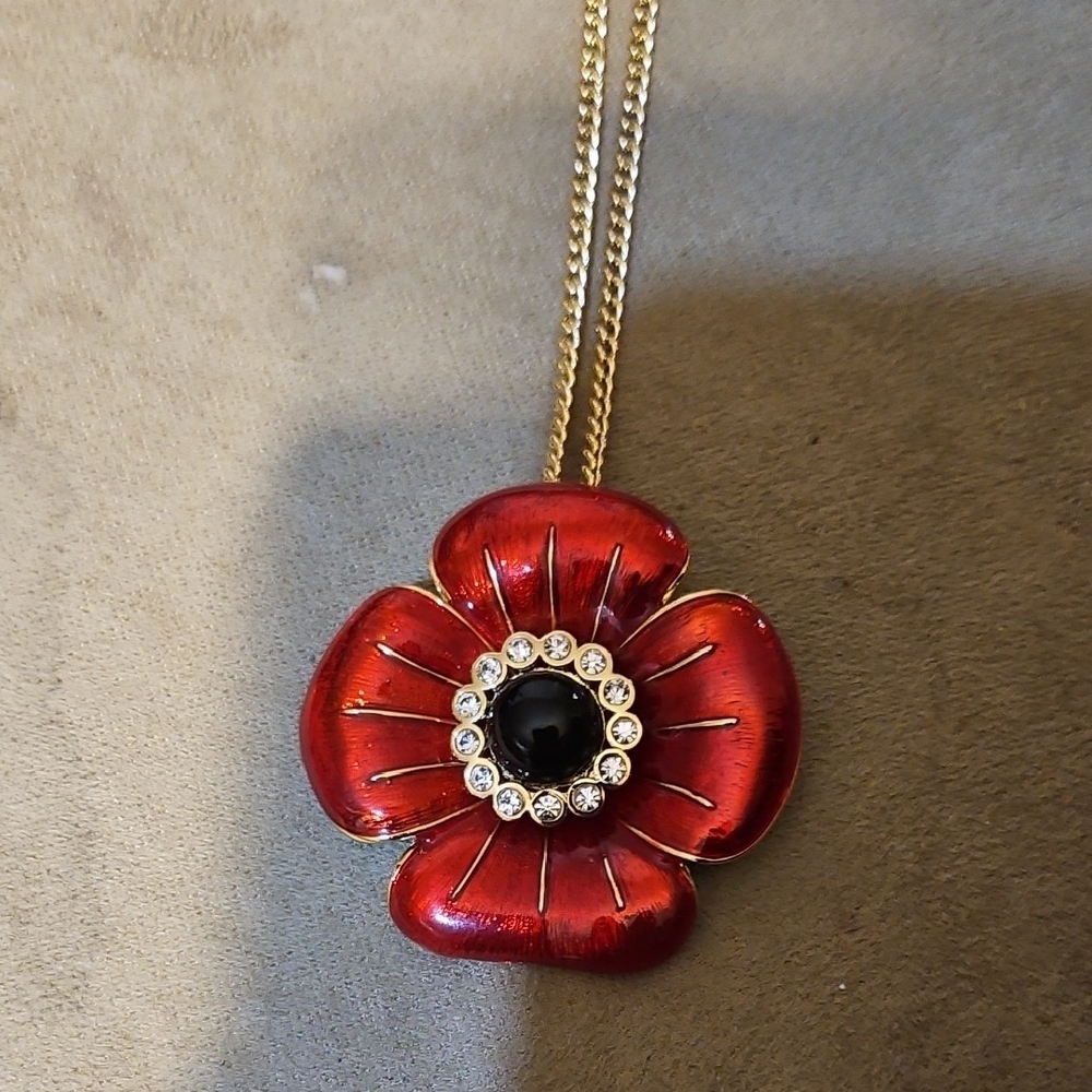 Red and Black Poppy Flower Necklace with Sparkling Center